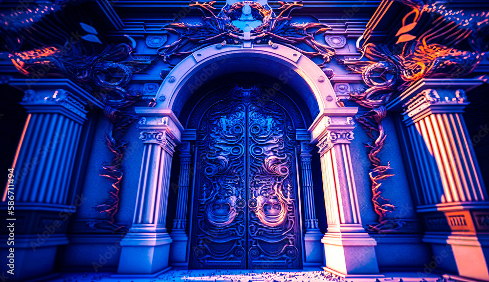 Poster building with an ornate door and pillars. generative ai.