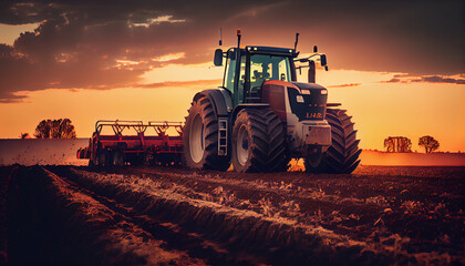 modern tractor at sunset or sunrise