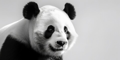 Naklejka premium Black and white close up portrait of a panda facing the camera on light background, Generative AI