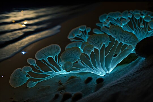 Night On A Beach With Bioluminescence Bloom Kale Algae Generative AI