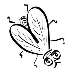 funny fly with heart-shaped wings and spiral eyes, black outline on white background