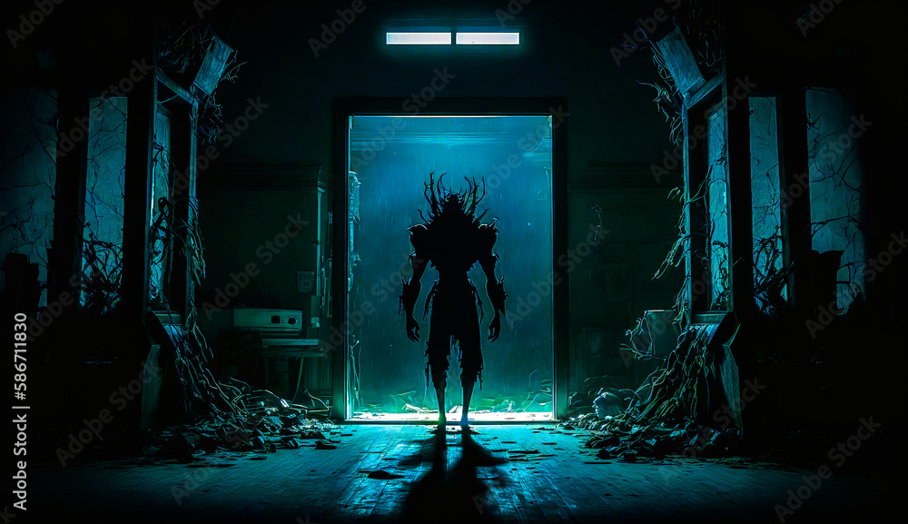 Poster man standing in doorway in dark room. generative ai.