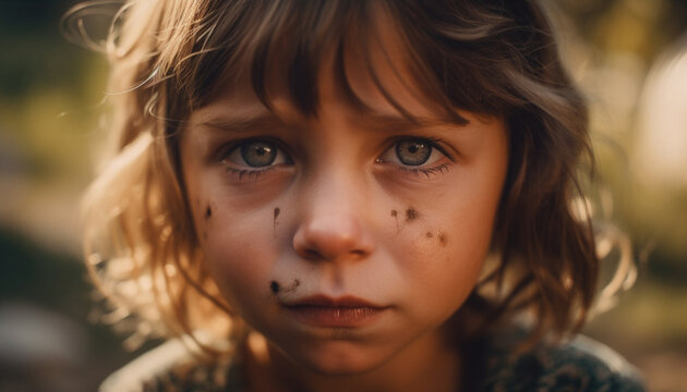 Generative AI, AI image of a little girl with very sad eyes and dirty face. Child abuse