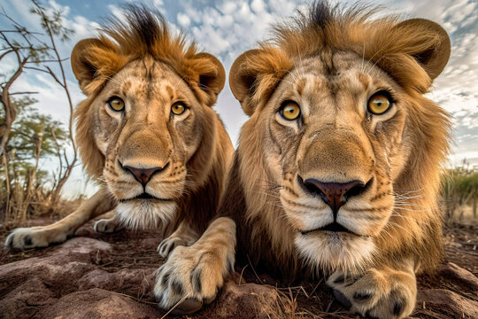 Stunning photography of two lions staring the camera, AI Generated