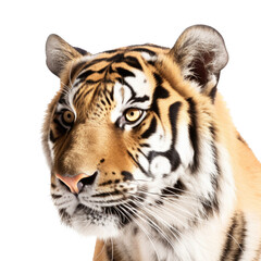 Fototapeta premium an isolated Bengal tiger side view portrait, majestic face, stalking prey, fierce jungle-themed watercolor painting illustration on a transparent background in PNG. Generative AI