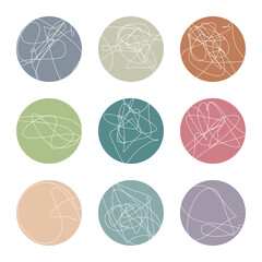 Set of vector icons with tangled lines for social media story highlight covers. Pastel element templates, squiggles, curls, organic shapes.