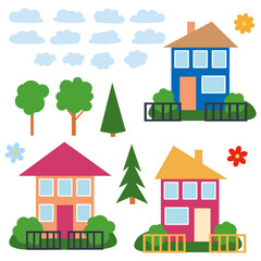 Fototapeta premium Set of cartoon houses. Village buildings, cottages stone housing. Design elements
