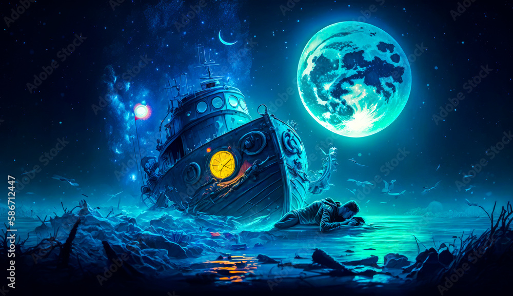 Poster ship floating in the ocean next to moon. generative ai.