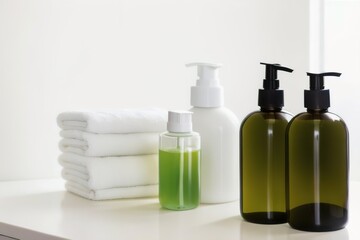 Fototapeta na wymiar Liquid soap and shampoo in the bathroom, personal care and health products, Generative AI.