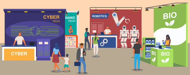 People at business exhibition. Trade show for startupers. Cyber and nano tech work. Ecological and biological products. Creative solution presentation and event. Cartoon flat vector illustration
