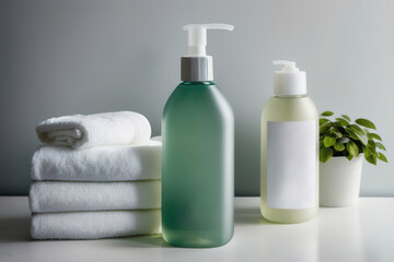 Obraz na płótnie Canvas Liquid soap and shampoo in the bathroom, personal care and health products, Generative AI.