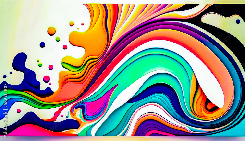 Poster an abstract painting with multicolored lines and bubbles. generative ai.