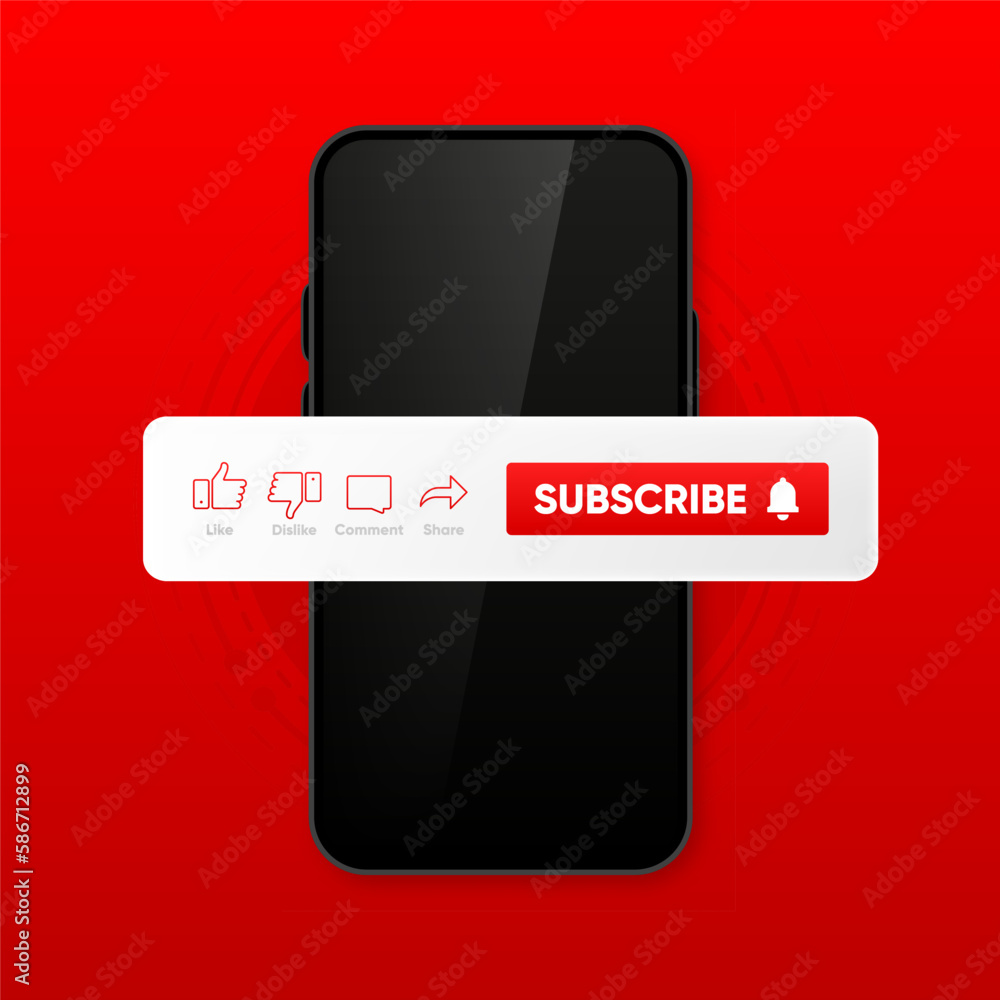 Poster clicking subscribe button, like, comment and share. icon set of channel subscriptions on smartphone.