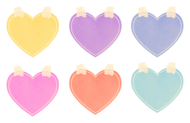 cute heart shape sticky notes with adhesive tape strips on transparent background, extracted, isolated, png file
