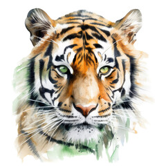 Fototapeta premium an isolated Bengal tiger portrait, face, stalking prey, fierce jungle-themed watercolor illustration on a transparent background in PNG. Generative AI
