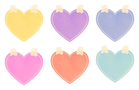 cute heart shape sticky notes with adhesive tape strips on transparent background, extracted, isolated, png file
