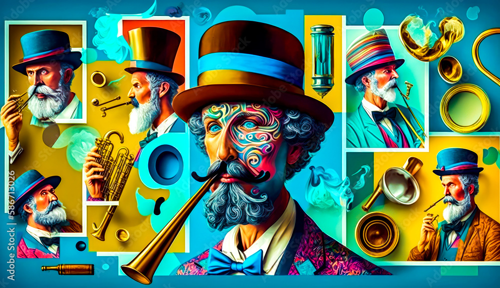 Poster painting of man with mustache and pipe. generative ai.