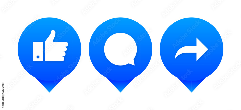Poster like, comment and share sign for social networks. thumb up, message bubble and arrow to share. circl