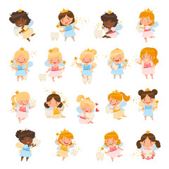 Cute Little Tooth Fairy with Baby Teeth and Wand Big Vector Set