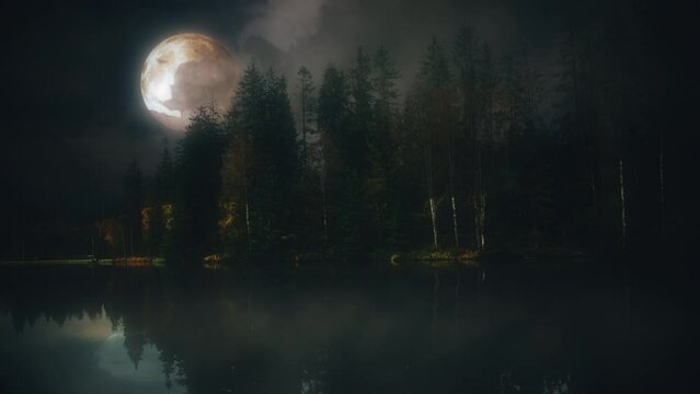 Moonlight Misty Forest Lake Cloudy Sky Zoom In. Foggy lake in the woods under a full moon in the cloudy sky, zoom in.