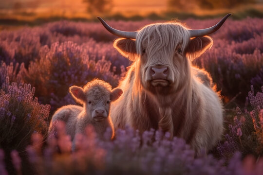 Bello atarecer en un campo de lavanda con una vaca de las tierras altas de Escocia y su ternero blanco.Ilustraci&oacute;n de IA Generativa 