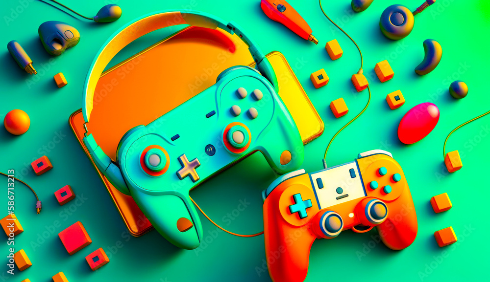 Aufkleber video game controller surrounded by game accessories. generative ai.