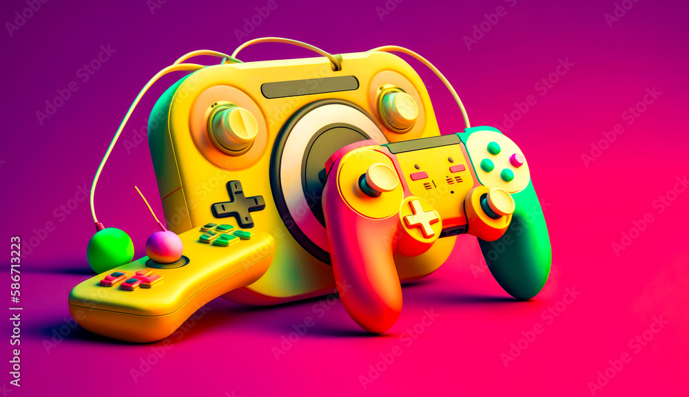 Poster video game controller and controller case on pink and purple background. generative ai.