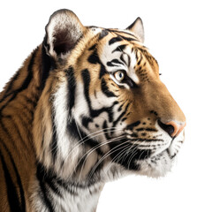 Fototapeta premium an isolated Bengal tiger side view portrait, majestic face, stalking prey, fierce jungle-themed photoreal illustration on a transparent background in PNG. Generative AI