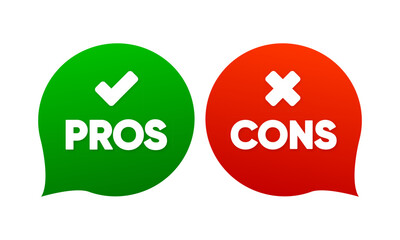 Pros cons in flat style. Green and Red flat icons. Concept for advantages disadvantages in business planning. Vector illustration.