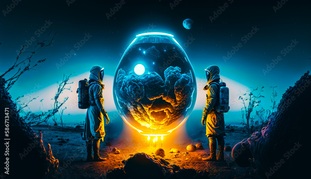 Aufkleber two astronauts standing in front of glowing egg. generative ai.