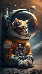 Fototapeta na wymiar Astronalta cat on a strange planet looking at other planets Generative AI