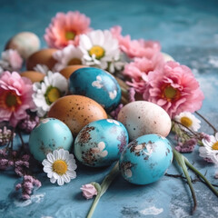 Fototapeta na wymiar Easter eggs and springtime flowers over blue background. Spring holidays concept with copy space.