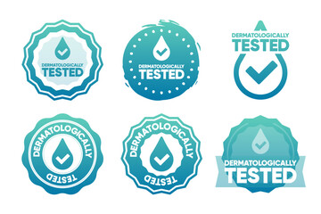Dermatologically tested stamps. Dermatology label for sensitive skin baby cosmetic lotion or pure skin and body care products. Antibacterial alcohol or medical wash label. Vector illustration.
