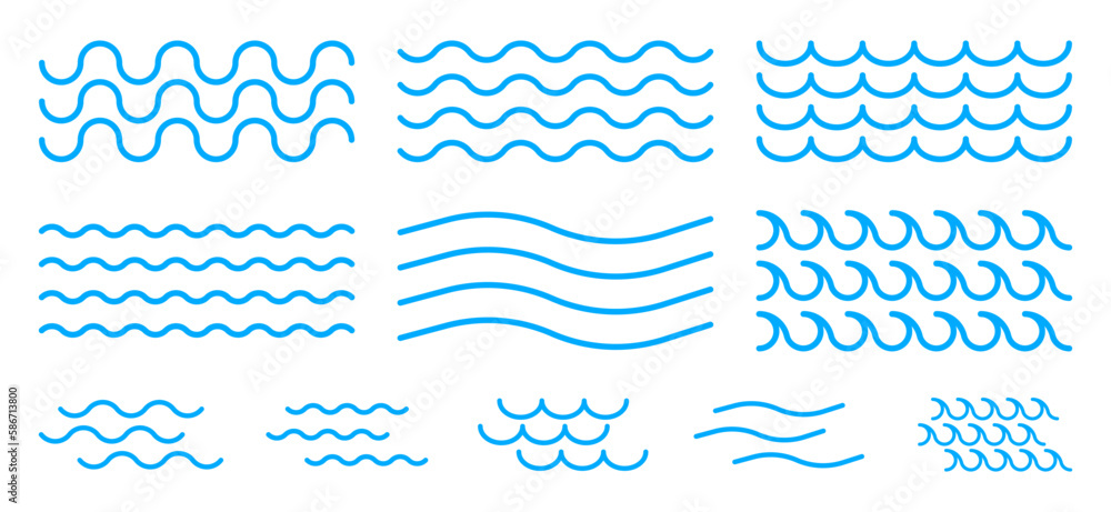 Poster sea water waves. collection of linear waves of different style and size. vector illustration.