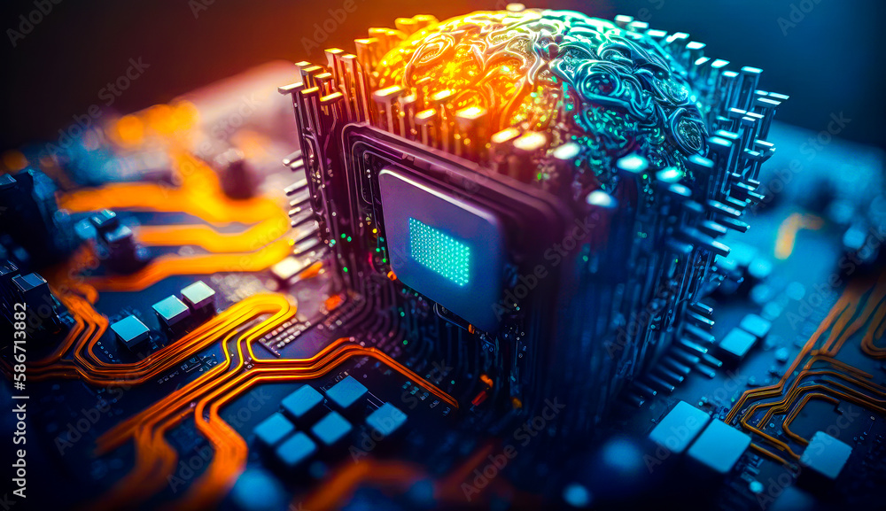 Poster close up of circuit board with an electronic chip. generative ai.