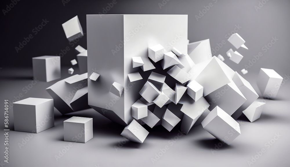 Poster bunch of white cubes that are on table. generative ai.