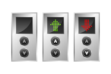 Press the elevator button. Lift buttons isolated on white background. Call elevator. Up and down arrow. Rise to the top or down floor. Vector illustration. © StarGraphic