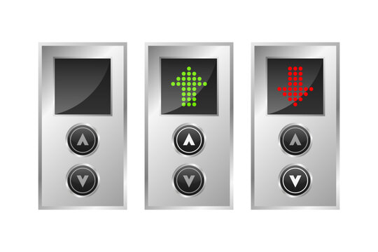 Press the elevator button. Lift buttons isolated on white background. Call elevator. Up and down arrow. Rise to the top or down floor. Vector illustration.