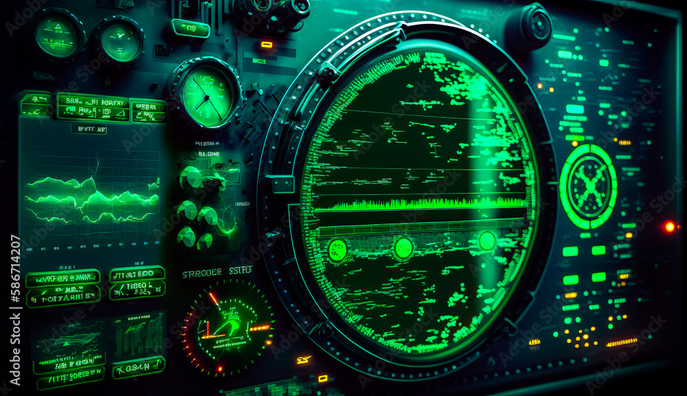 Poster close up of control panel in dark room. generative ai.