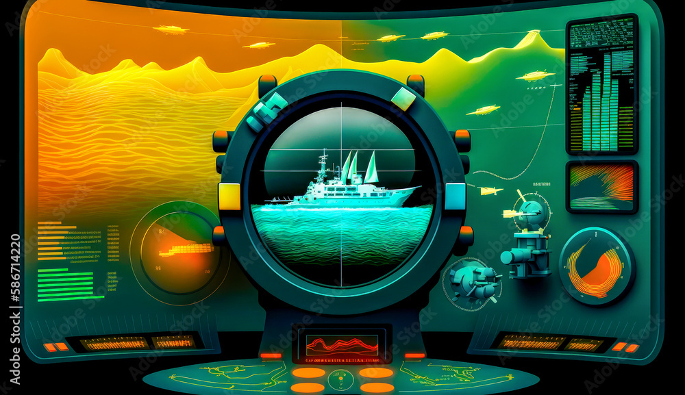 Poster computer screen with picture of ship through magnifying glass. generative ai.