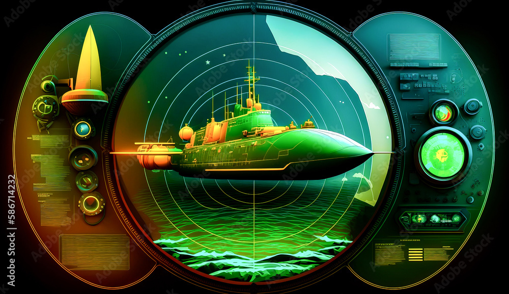 Poster computer screen with submarine on it. generative ai.