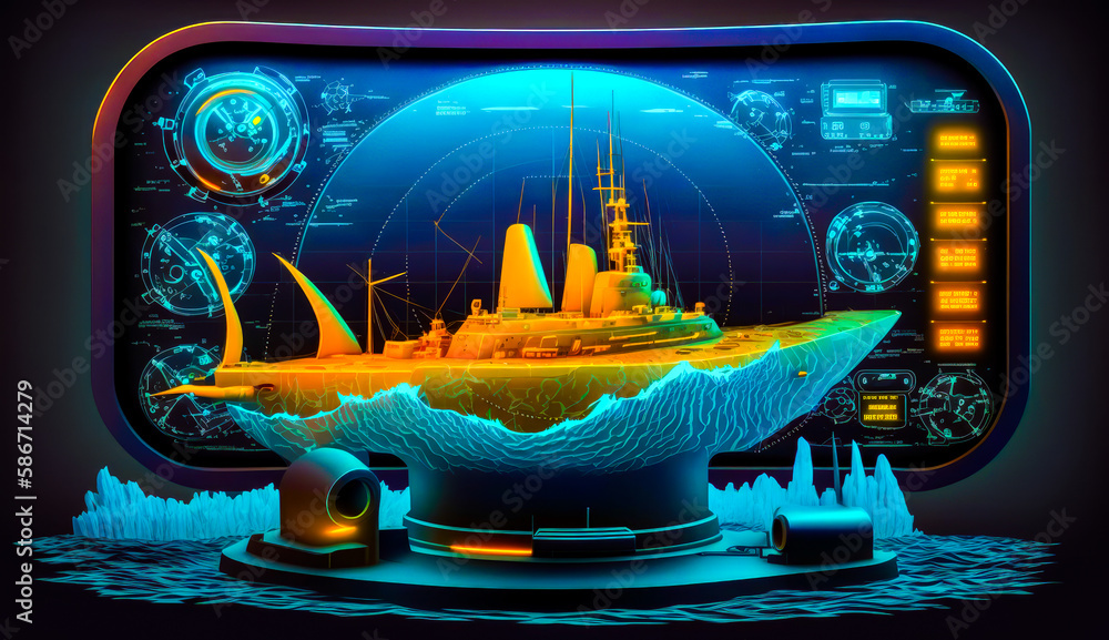 Poster computer screen with yellow submarine on it. generative ai.