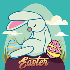 Happy Easter, decorated easter card, banner. Bunnies, Easter eggs, flowers and basket. Folk style patterned design. . Vector illustration