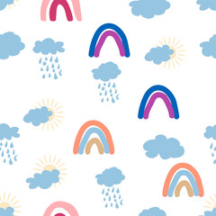 Rainbow, cloud, sun seamless pattern for newborns. Cute and delicate design for the youngest children