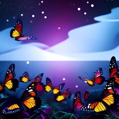 Naklejka premium Night glowing butterflies on dark abstract background
