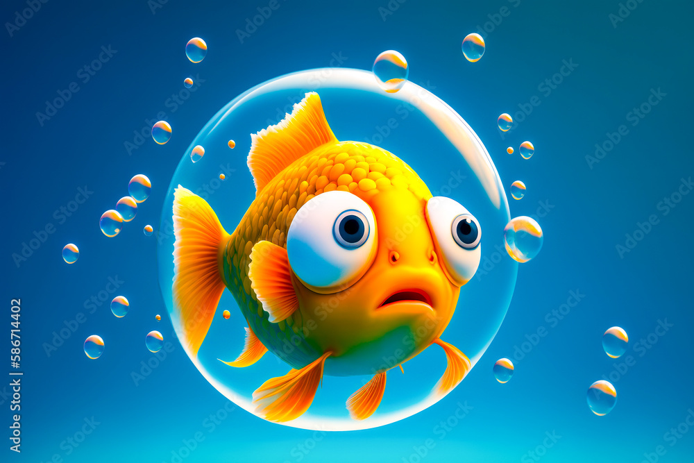 Poster goldfish in bubble with bubbles around it. generative ai.