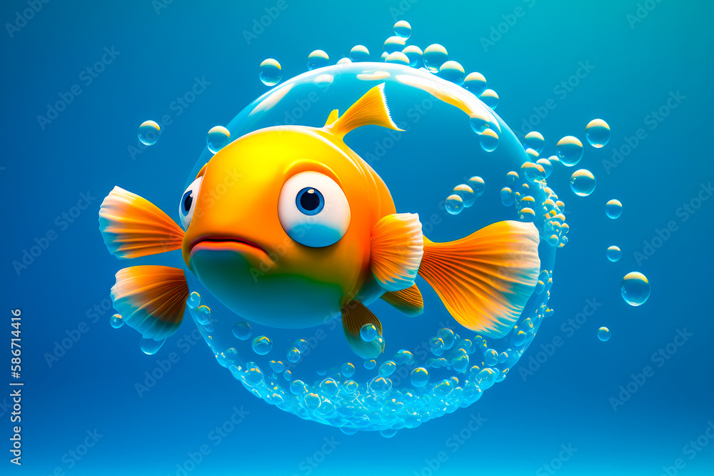 Poster goldfish with bubbles floating in the water. generative ai.
