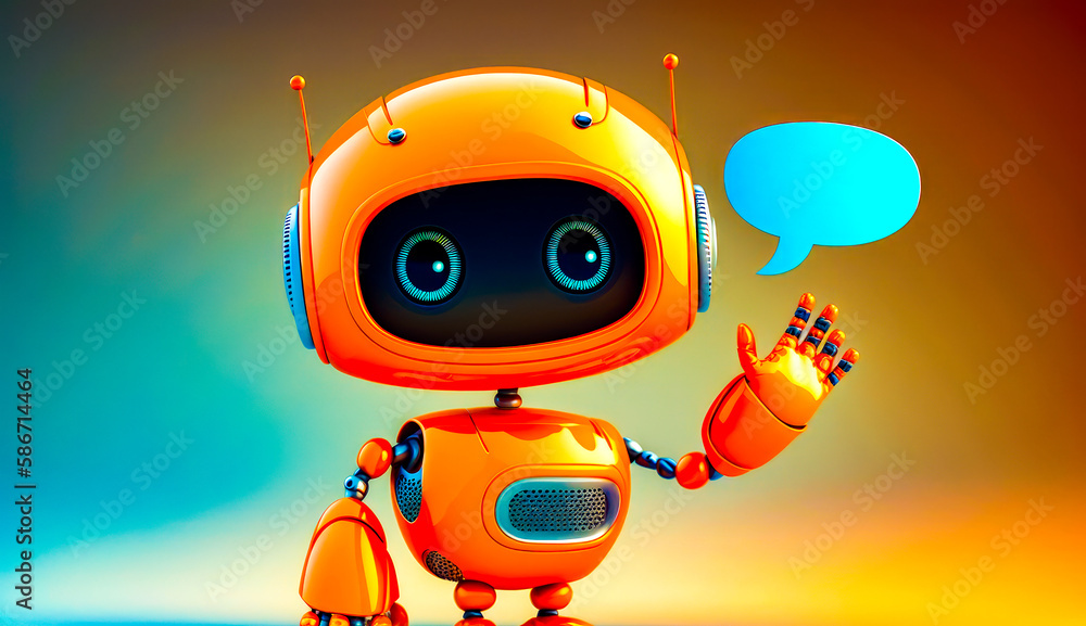 Poster an orange robot with speech bubble. generative ai.