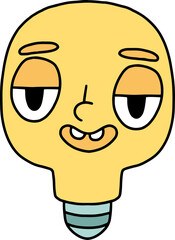 Yellow light bulb illustration with happy smile on face in retro groovy style. Cute doodle hand drawn cartoon character