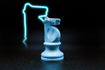 Blue shape of knight piece chess. Horizontal neon led chess banner